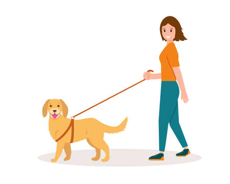 Woman with dog going for a walk. Vector illustration on white background.のイラスト素材