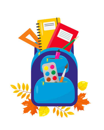 School backpack with suppliens. Vector illustration on white background. Back to school autumn concept. Educational or office equipment.のイラスト素材