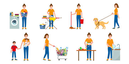 Set of scenes with woman doing housework - shopping, cooking, washing dishes, washing and ironing clothes, walking the dog and with children. Vector illustrations on white background.のイラスト素材