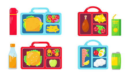 Set of lunch boxes with food and drinks on white background. School lunch collection. Vector icons illustration.のイラスト素材