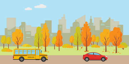 Autumn in the city. Cityscape with skyscrapers, trees, car and schoolbus on the street. Vector landscape illustration.のイラスト素材
