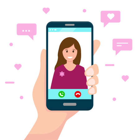 Human hand hold smartphone with female on screen. Video communication app concept. Vector illustation.のイラスト素材