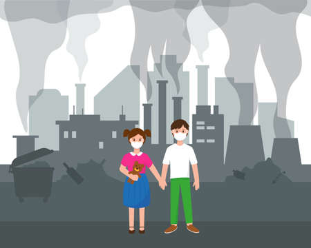 Air pollution problem in big city. Two children and silhouette of modern city with skyscrapers,...