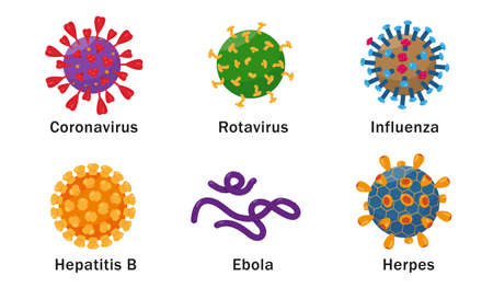 Human viruses set with names. Viruses cells icons on white background. Vector illustration.