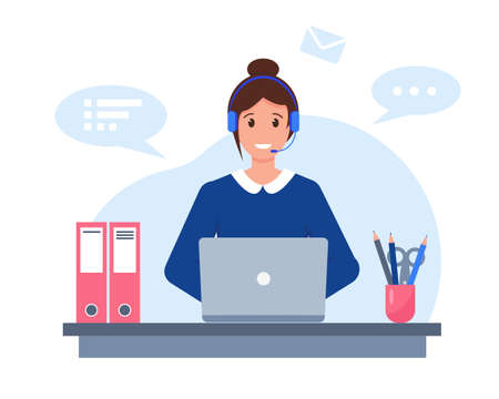 Young woman with headphones, microphone and laptop. Customer service, support or call center concept. Vector illustration.のイラスト素材