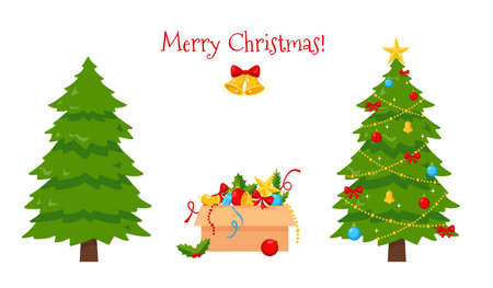 Christmas tree, decorations in the box and decorated christmas tree isolated on white background. Traditional Christmas and New Year symbol. Vector illustration.のイラスト素材