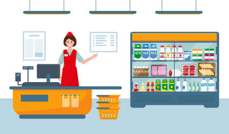 Female cashier at cash register in supermarket near showcase with products. Vector illustration.のイラスト素材