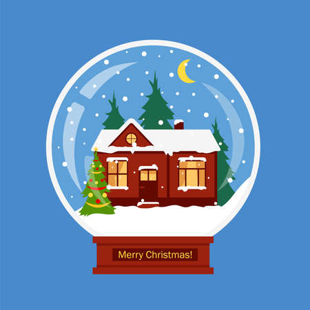 Christmas snow globe with winter house and decorated Christmas tree. Traditional Christmas and New Year souvenir. Vector illustration isolated on blue background.のイラスト素材