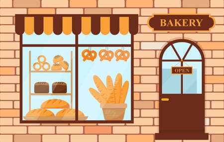 Bakery shop building exterior. Showcase with bread and entrance to the bakery. Vector illustration.のイラスト素材