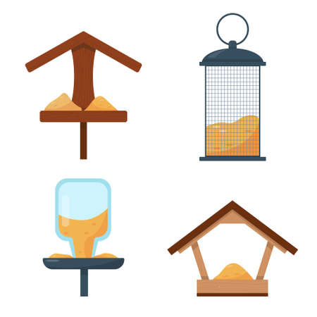 Set of different types of bird feeders isolated on white background. Vector illustration.のイラスト素材
