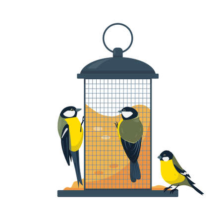 Bird feeder with eating tits birds isolated on white background. Vector illustration.のイラスト素材