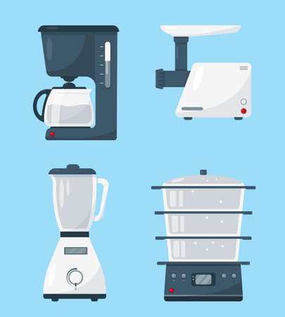 Household kitchen appliances isolated on blue background. White blender, coffee maker, meat grinder and steamer. Vector illustration.のイラスト素材