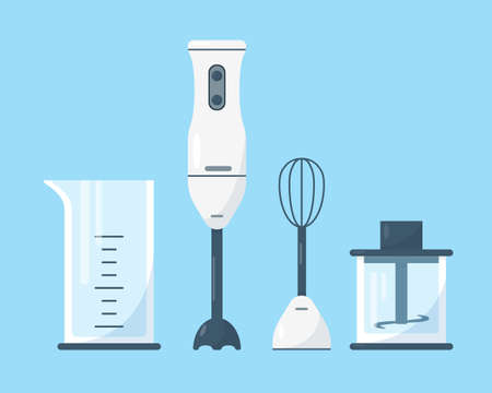 Submersible blender with accessories. Different parts of hand blender on blue background. Vector illustration.のイラスト素材