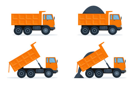 Set of orange dump trucks with closed and open body. Vector illustration on white background.のイラスト素材