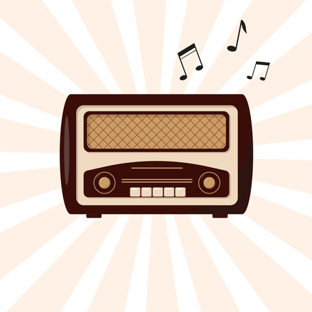 Retro radio. Vintage radio and flying musical notes. Vector illustration.のイラスト素材