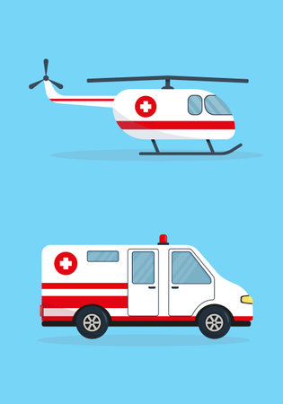 Ambulance car and helicopter isolated on blue background. Medical vehicle or emergency service concept. Vector illustration in flat style.のイラスト素材