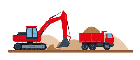 Red excavator digs soil and puts it in dump truck. Construction machinery. Vector illustration isolated on white background..のイラスト素材