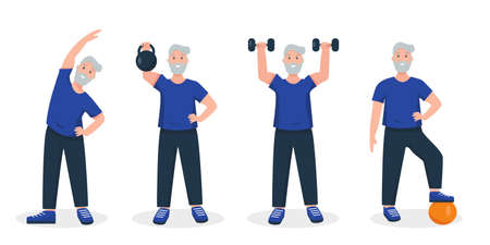 Senior man doing sport exercises. Active and healthy lifestyle and fitness for retired people concept. Vector illustration on white background.のイラスト素材