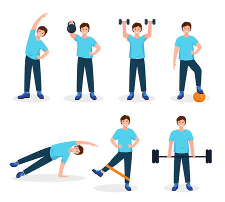 Young man doing sport exercises. Fitness, workout, gym set. Active and healthy lifestyle for people concept. Vector character icons on white background.のイラスト素材