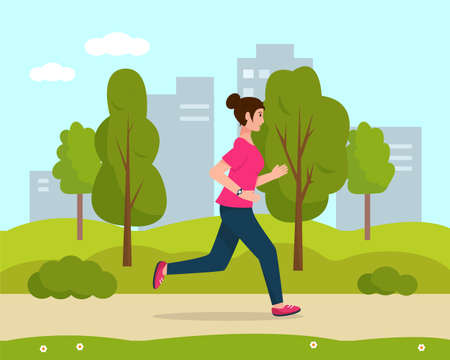Young woman running in the city park. Active and healthy lifestyle and sports outside concept. Vector illustration.のイラスト素材
