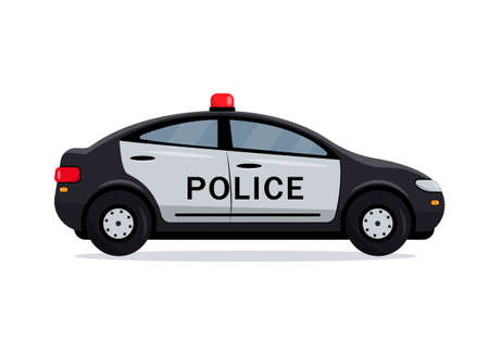 Black Police car side view. Cop, police officer auto, policeman patrol automobile. City transport icon isolated on the white background. Vector illustration.のイラスト素材