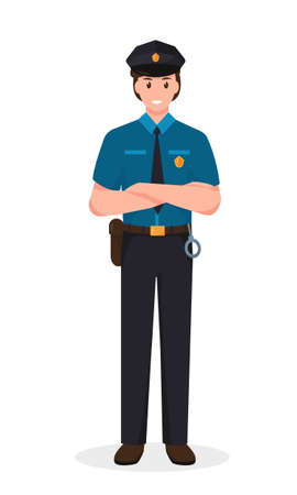 Police officer in uniform standing in front view. Profession people concept. Job at police station. Policeman vector character illustration isolated on white background.のイラスト素材