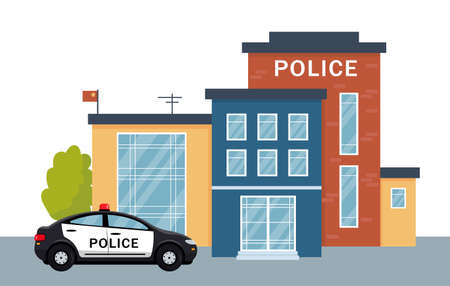 Police station building exterior with police car. City police department house facade and vehicle. Vector illustration isolated on white background.のイラスト素材