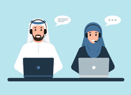 Arab man and woman with headphones and computers.のイラスト素材