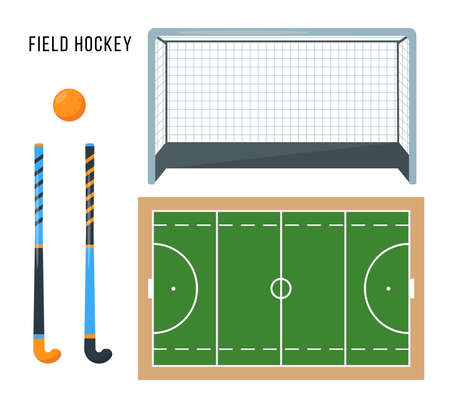 Field hockey equipment. Sport Ball, Sticks, Gate and green Court.のイラスト素材