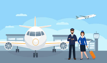 Pilot and stewardess characters at the airport near plane. Airplane staff or crew in uniform. Professional Team of smiling airline workers go to work. Vector illustration.のイラスト素材