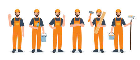 Set of Builder or Construction Worker in uniform isolated on white background. Industry engineer...