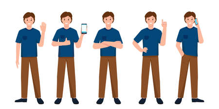 Set of Young Man in casual clothes isolated on white background. Male character with different poses and gestures. Flat cartoon vector illustration.のイラスト素材