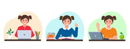 Set of happy smiling pupil girls studying. Young Girl with laptop and books. Education or Back to school concept. Vector illustration in flat style.のイラスト素材