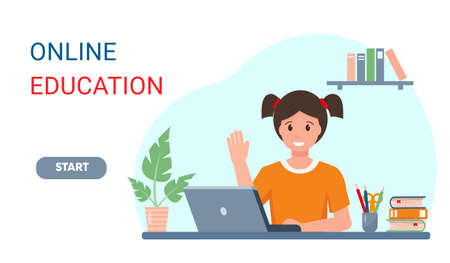 Smiling female pupil studying online at home. Young Girl with laptop in room. Online Education or Back to school concept. Vector illustration in flat style.のイラスト素材