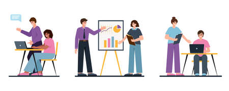 Young women and men in office. Teamwork. Business people working together. Office life, studying or freelance concept. Female and male character flat vector illustration.のイラスト素材