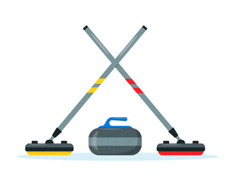Curling brooms and stone set. Winter ice Sport equipment for curling game. Flat icon vector illustration.のイラスト素材