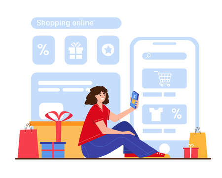 Online shopping, big sale or black friday concept. Young smilling woman with smartphone, gifts and bags. Female character flat vector illustration.のイラスト素材