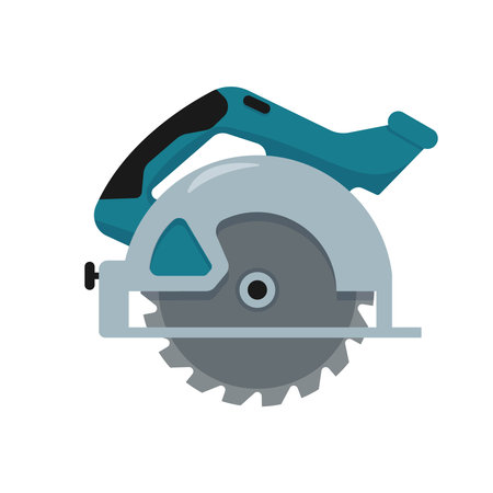 Circular saw with steel toothed disc. Electric hand tool for cutting wood or metal. Work equipment for home repair, construction, building, carpentry work. Vector icon isolated on white background.のイラスト素材