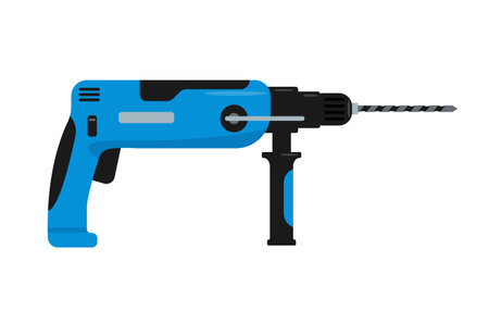 Blue drill or perforator. Electric device for the home repair, construction, finishing, carpentry work. Household instrument. Drilling machine icon isolated on white background. Vector illustration.のイラスト素材
