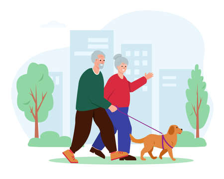 Elderly couple walking with dog in city. Senior man and woman active leisure. Healthy lifestyle of retired people concept. Vector characters on cityscape background.のイラスト素材