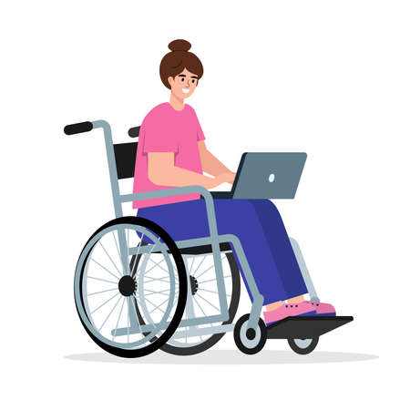 Happy disabled woman with laptop sitting in wheelchair. Work or study online for people with disability concept. Female character isolated on white background. Flat or cartoon vector illustration.のイラスト素材