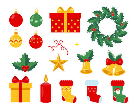 Set of Christmas and New Year traditional holiday decorations. Elements for winter design. Vector icon illustrations isolated on white background.のイラスト素材