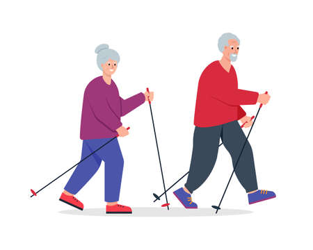 Elderly couple walking with nordic poles in city park. Senior man and woman active leisure concept. Healthy lifestyle of retired people. Vector characters on white background.のイラスト素材