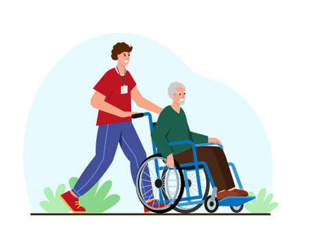 Social care for the elderly. Young volunteer help senior man ride weelchair and walk. Flat or cartoon character vector illustration isolated on white background.のイラスト素材
