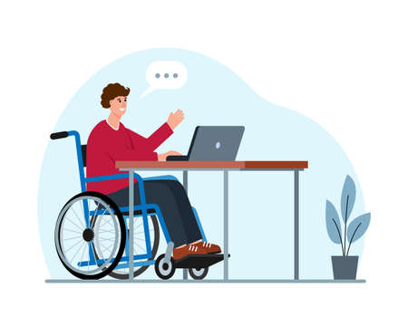 Young man sitting in a wheelchair at the desk. Happy male character with disability working or chatting online. Flat or cartoon vector illustration.のイラスト素材