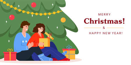 Happy smilling man and woman open gift box near Christmas tree. Merry Christmas and New Year greeting card or banner. Flat or cartoon vector illustration on white background.のイラスト素材