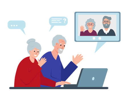 Internet communication of Senior elderly people using computer. Old men and women stay home and have online meeting on Quarantine Isolation. Flat or cartoon character vector illustration.のイラスト素材