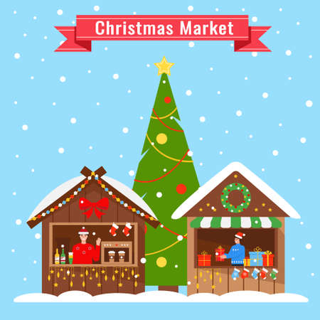 Christmas poster template or greeting card. New Year Market with wooden kiosks and Christmas tree. Festive Shops with gifts, drinks and clothes. Vector illustration.のイラスト素材