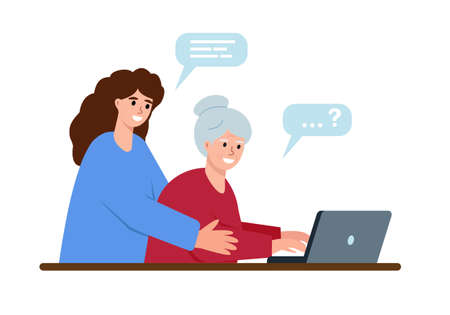 Young girl helps senior woman to use computer and internet. Old lady studying to work on laptop or chatting. Social care for elderly people with technology. Flat or cartoon vector illustration.のイラスト素材