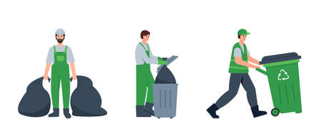 Dumpster characters in different poses. Garbage man collection, Waste recycling and transportation. Sanitary workers, janitors in uniform. Vector flat or cartoon illustration isolated on white.のイラスト素材